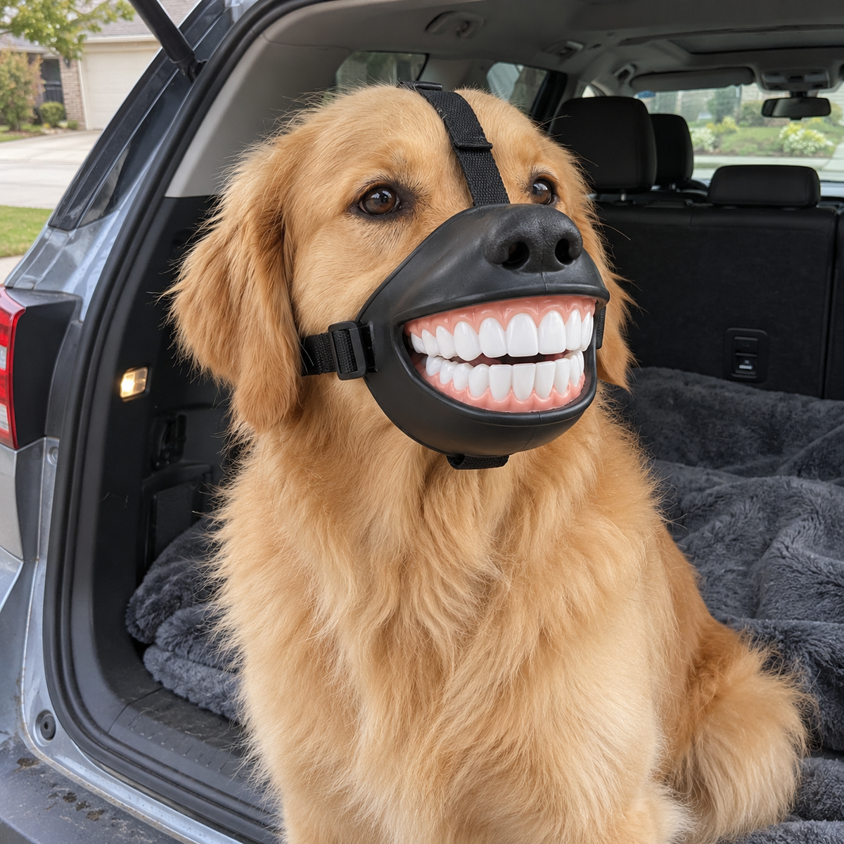Golden dog wearing the oversized grin, photographed at an open vehicle hatch.