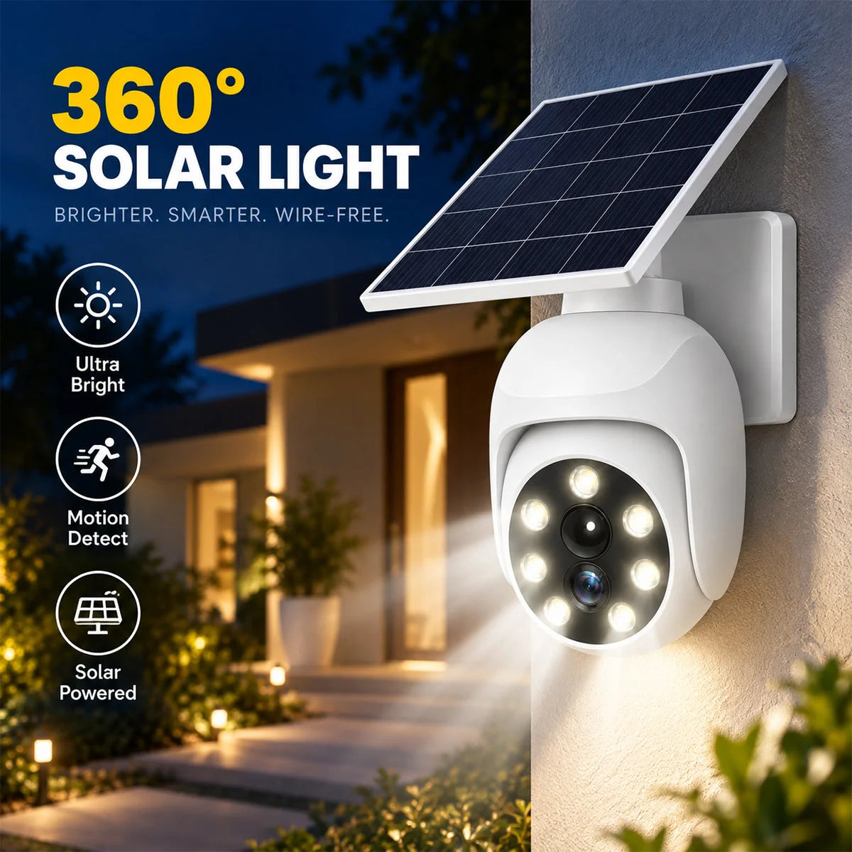 White camera-style solar LED light with a solar panel mounted outside a home