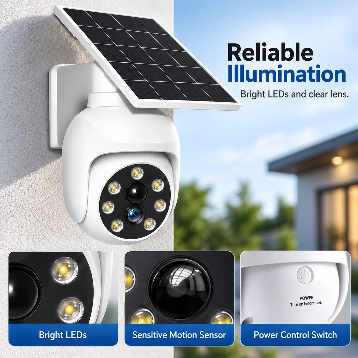 Close-up details of the LEDs, motion sensor and power switch