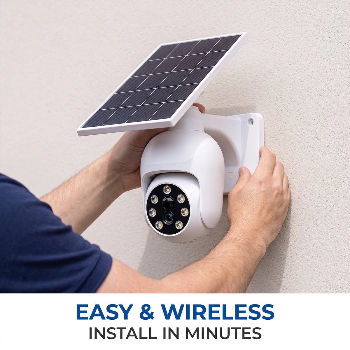 Hands securing the solar light to an exterior wall