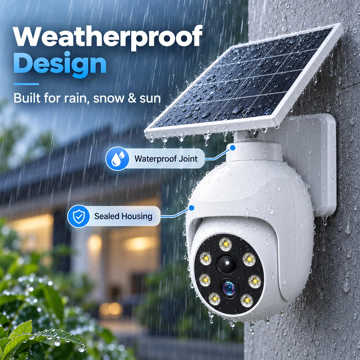 Solar light with a sealed housing shown mounted on an outdoor wall in rain