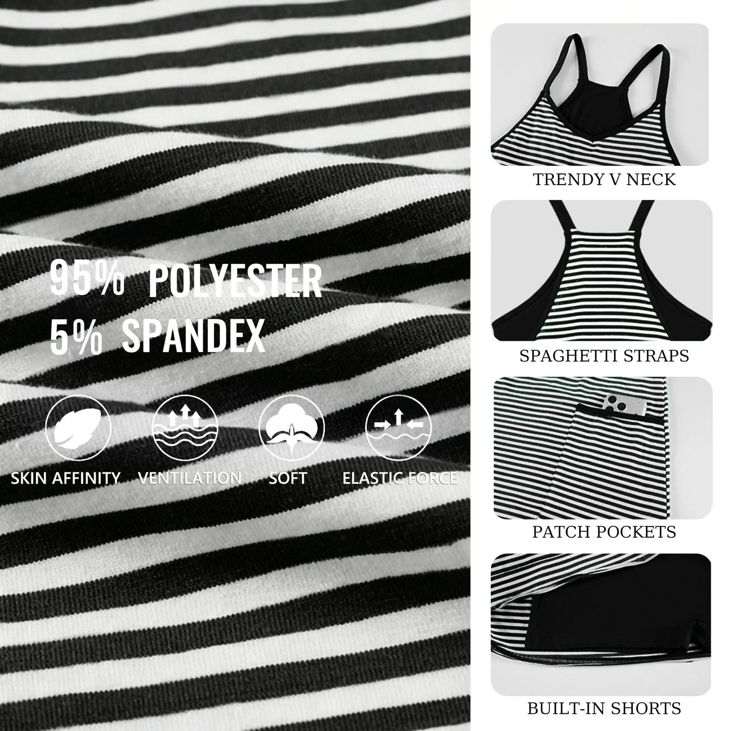 Women's Summer Sleeveles Striped Mini Dress with Built-in Shorts V Neck