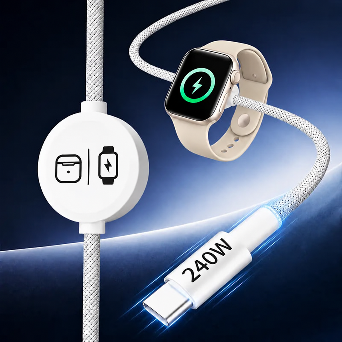 ⚡ 240W 3-in-1 USB-C Travel Charger – Portable Magnetic Watch Charger with 5FT Braided Fast Charging Cable for iPhone, Apple Watch, AirPods, Laptops & Samsung