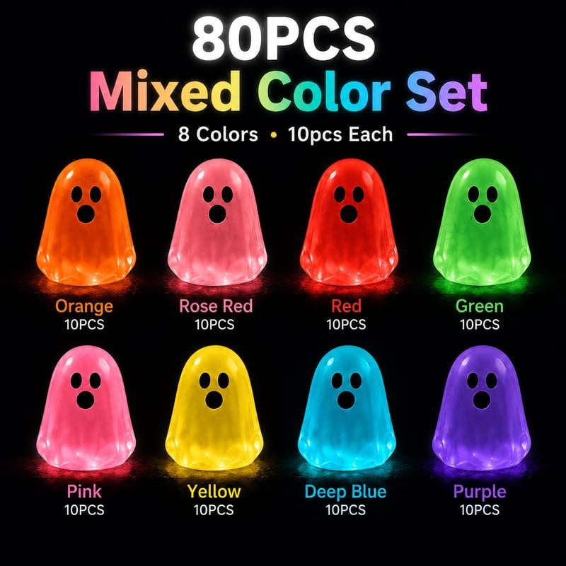 Mini ghost decorations arranged in a Halloween setting
