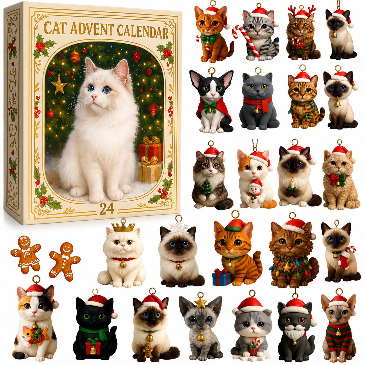 🐈🐈‍⬛2026 Cat Advent Calendar🎁 Gift for Adults Friends Cat Owners and Lovers Christmas Holiday Countdown Gift 24 Designs Cats Charm Christmas Tree Ornament