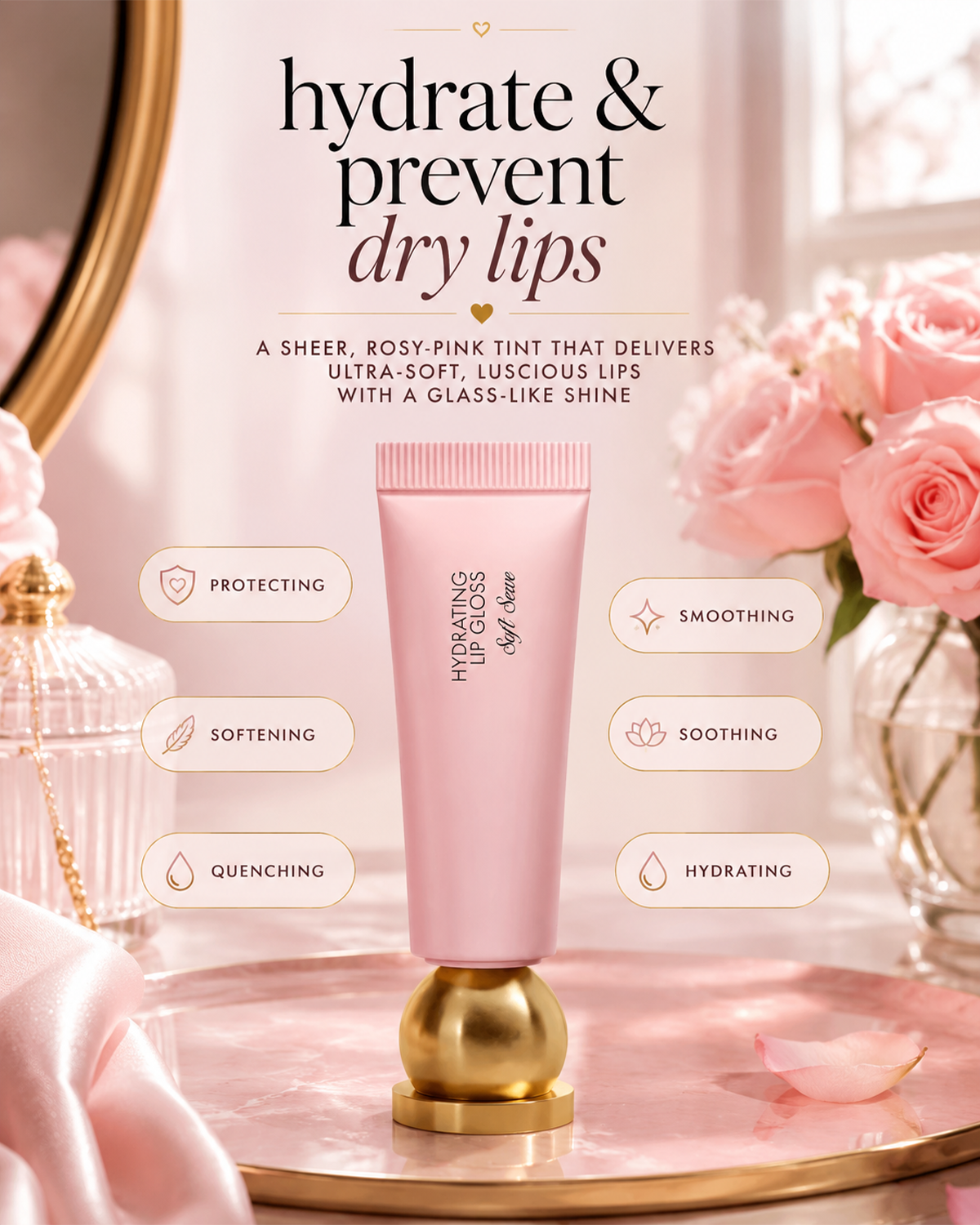 Hydrating Lip Gloss - High Shine & Tinted, Infused with Hyaluronic Acid, Jojoba Oil & Shea Butter