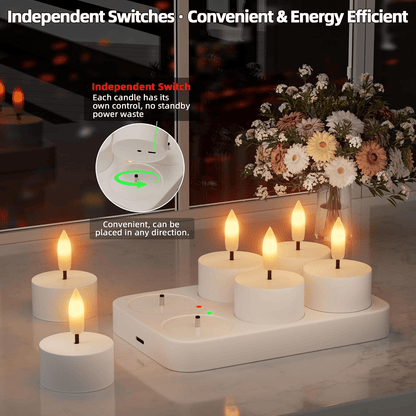 Rechargeable Flameless LED Tea Lights, Charging Station & Remote Included, Flickering Fake Candles, Safe No Flame Candle for Home, Wedding, Festival & Emergency Lighting