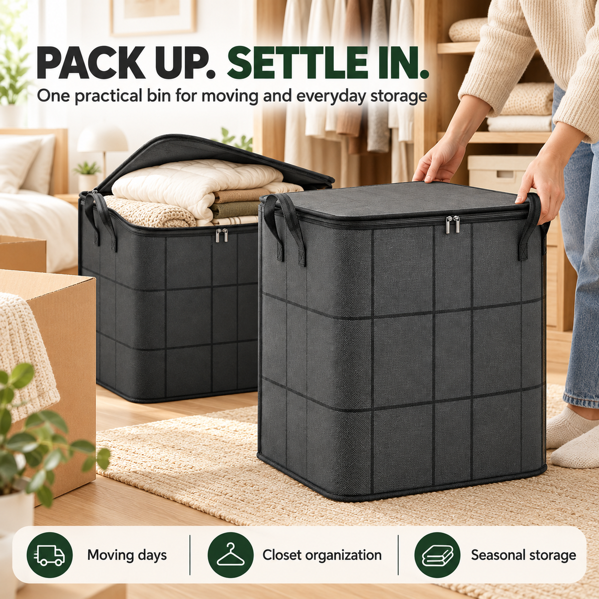 Large Zippered Reinforced Foldable Fabric Organizer Bin