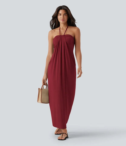 Trovehand Hourglass Bodycon Halter Tie Maxi Dress with Pockets