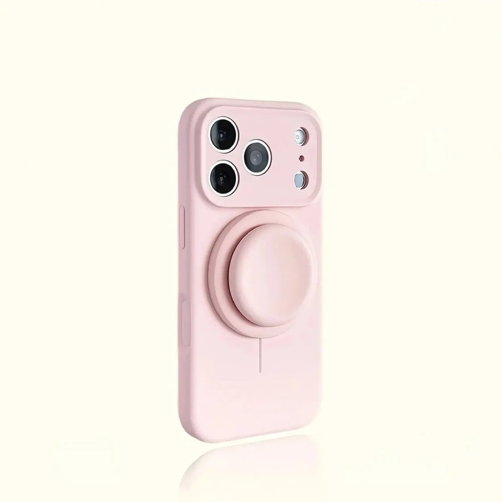 Soft pink silicone case with camera surround and matching stand