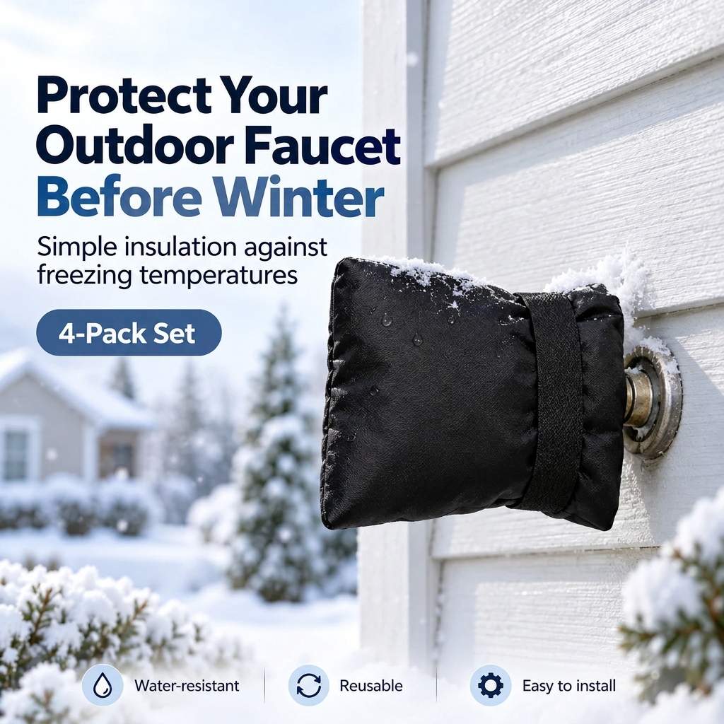 Black winter faucet cover secured over an outdoor tap