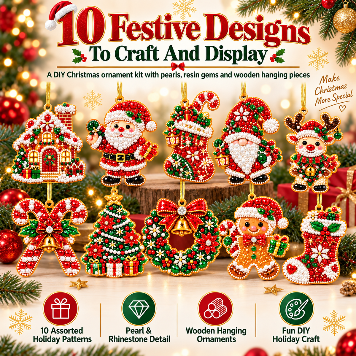 Ten festive Christmas ornament DIY designs featuring Santa, reindeer and classic holiday characters