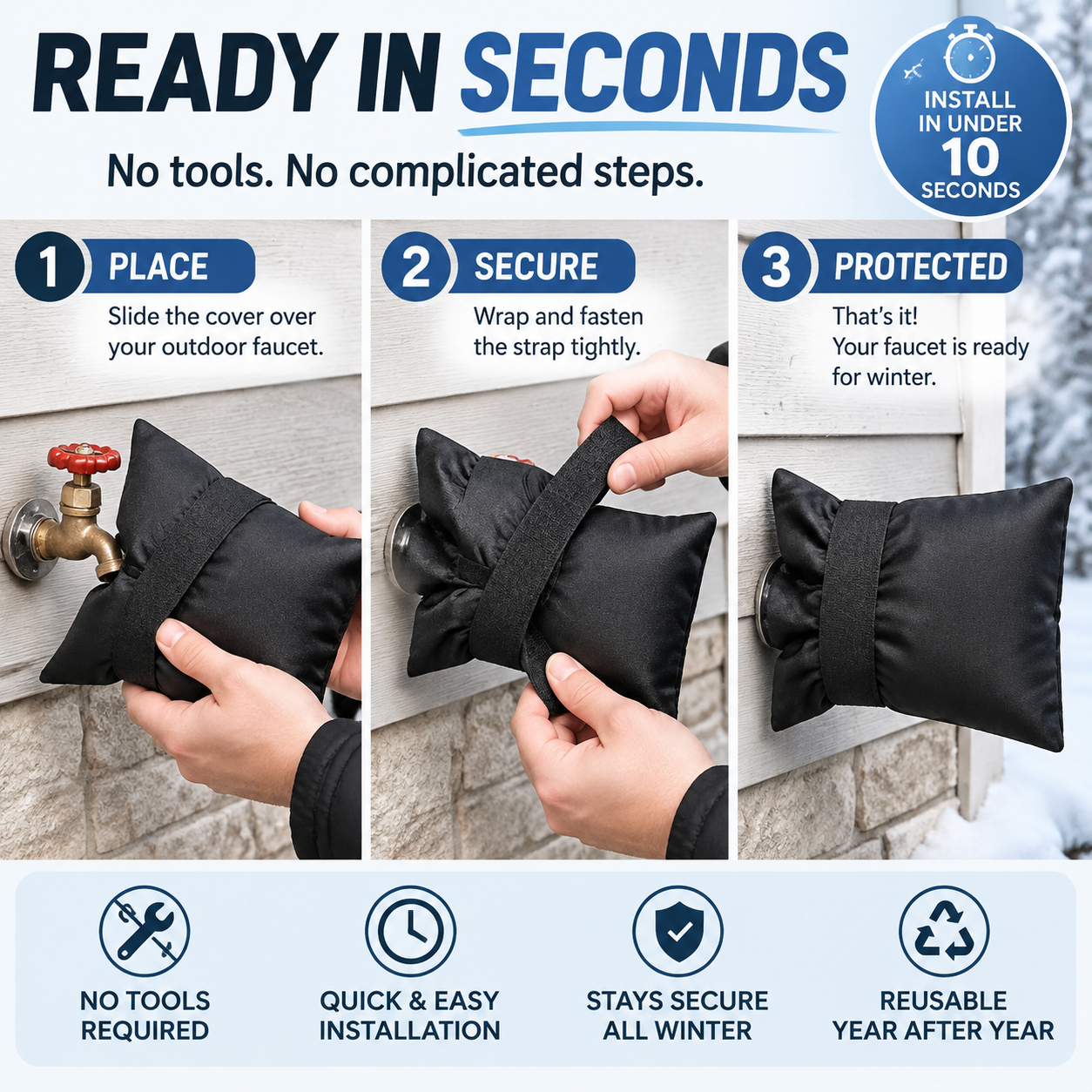 Faucet cover fitting and strap fastening demonstration