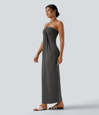 Trovehand Hourglass Bodycon Halter Tie Maxi Dress with Pockets