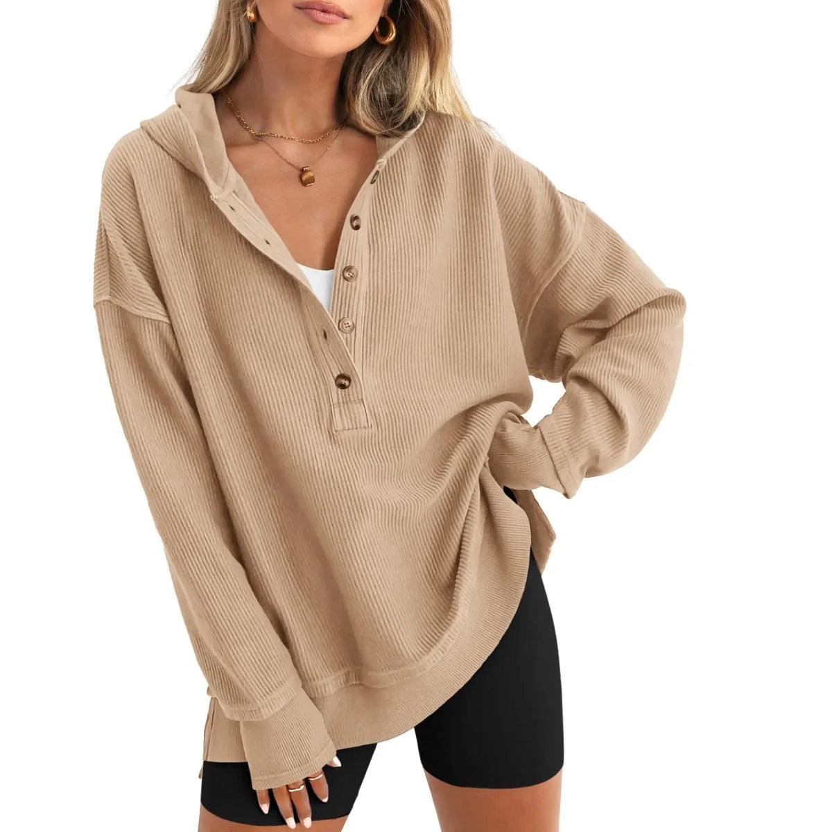 🎁Women’s Oversized V-Neck Hoodie – Relaxed Button Pullover with Side Slits
