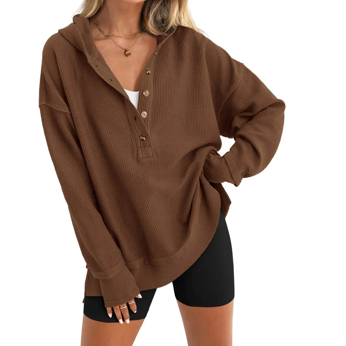 🎁Women’s Oversized V-Neck Hoodie – Relaxed Button Pullover with Side Slits
