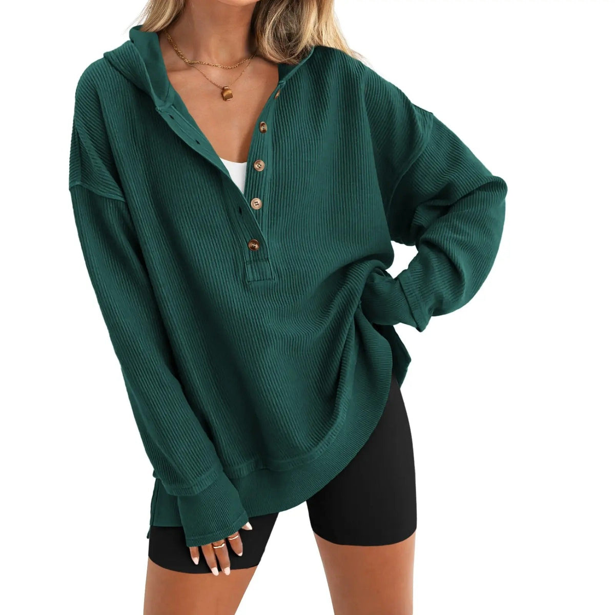 🎁Women’s Oversized V-Neck Hoodie – Relaxed Button Pullover with Side Slits