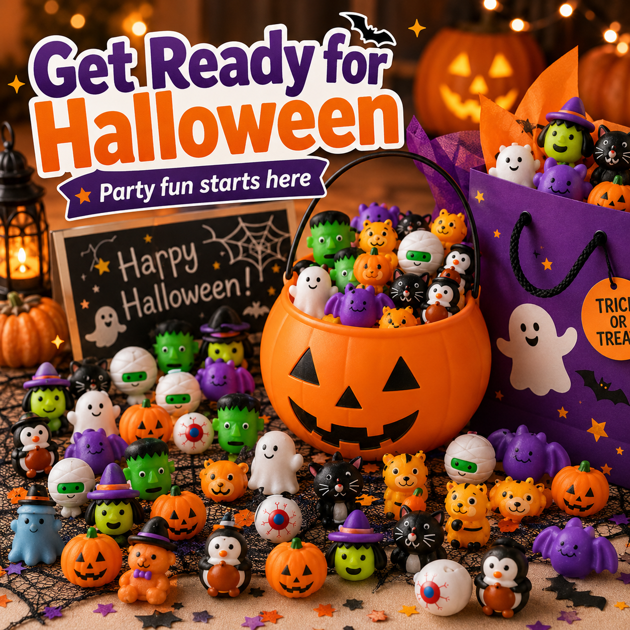 Hands selecting different Halloween squishy characters around a pumpkin-colored bowl