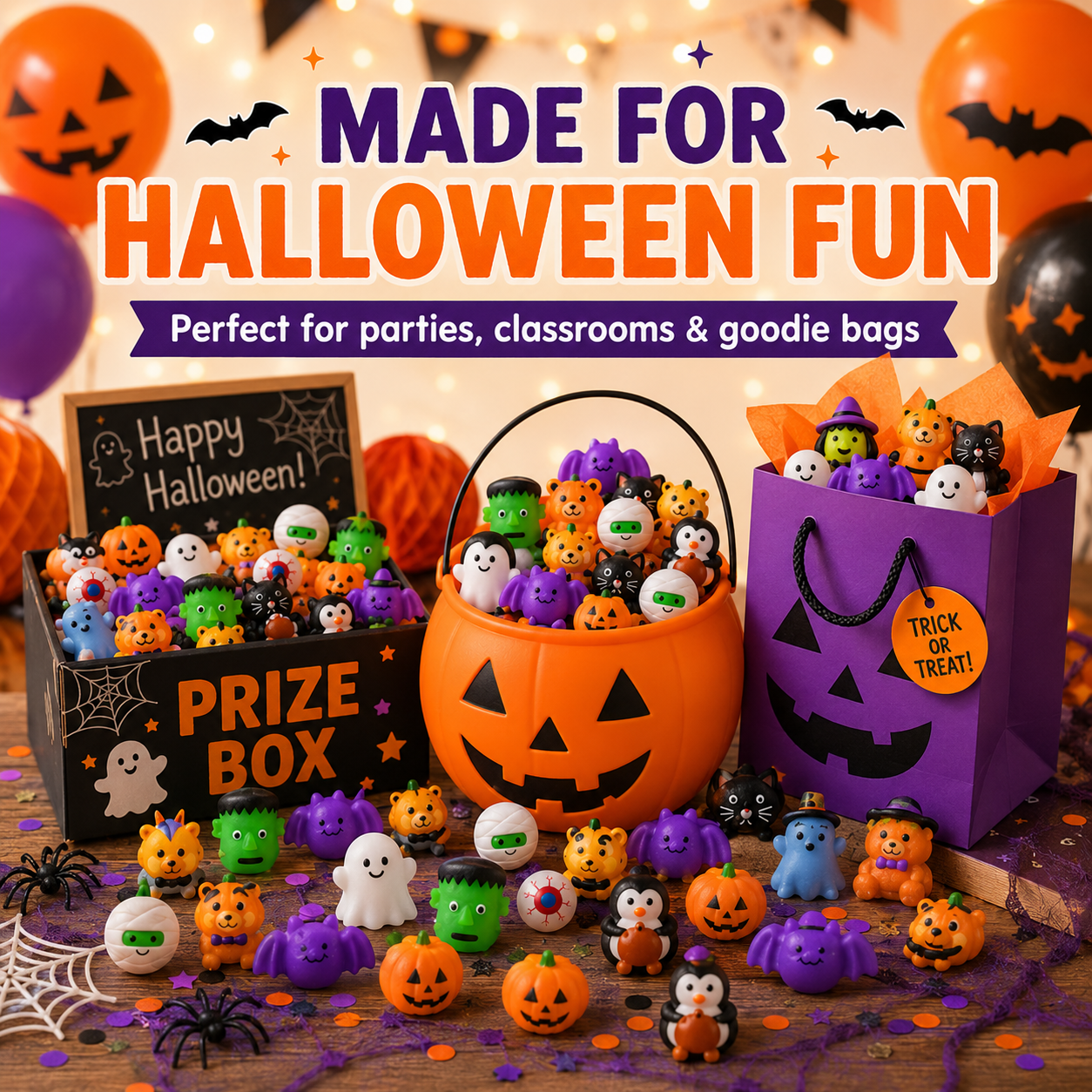 Product details for the 50-piece assorted Halloween mini squishy set, showing character designs and approximate size