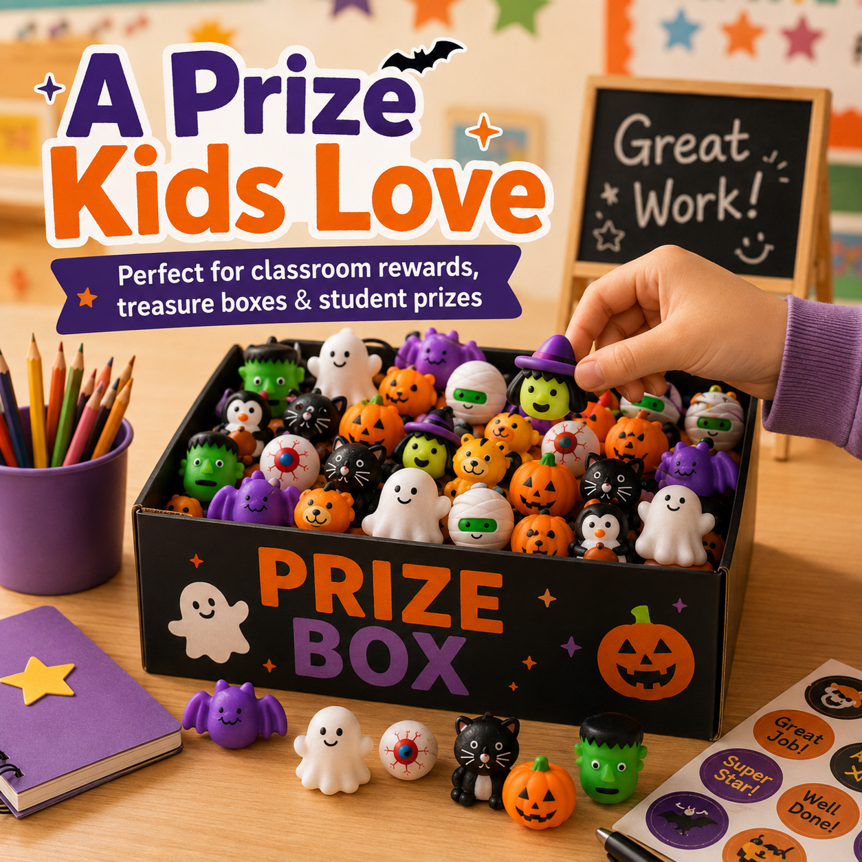 Halloween mini squishies arranged in a prize box, pumpkin bucket and purple goodie bag