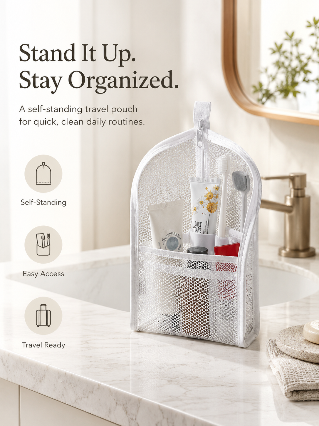 Upright toiletry pouch keeping bathroom essentials organized