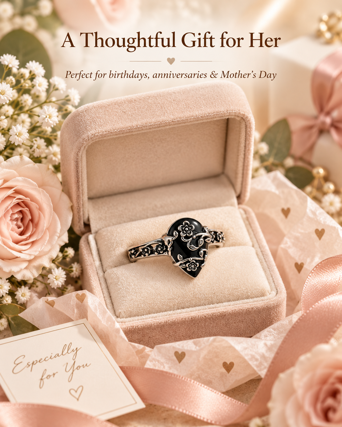 Vintage Floral Black Teardrop Ring