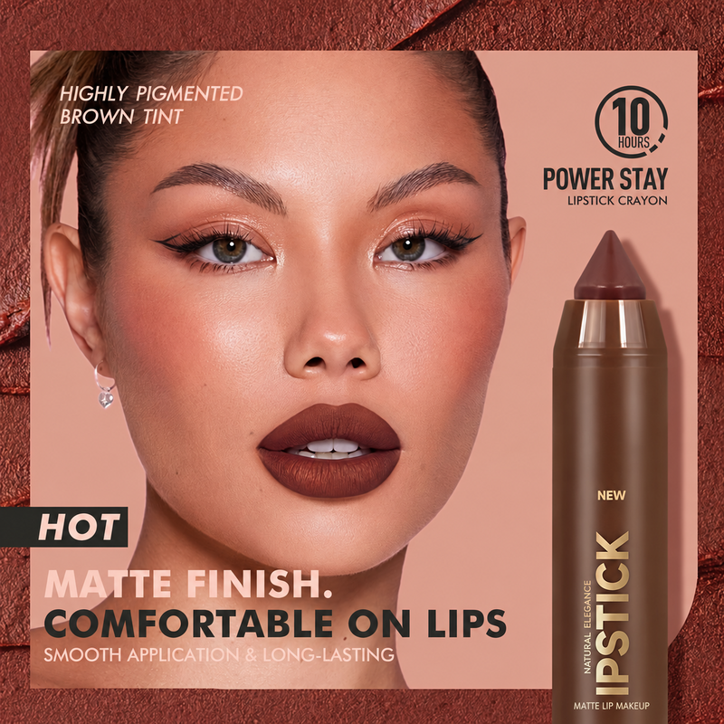 Matte brown lip look and lipstick product view