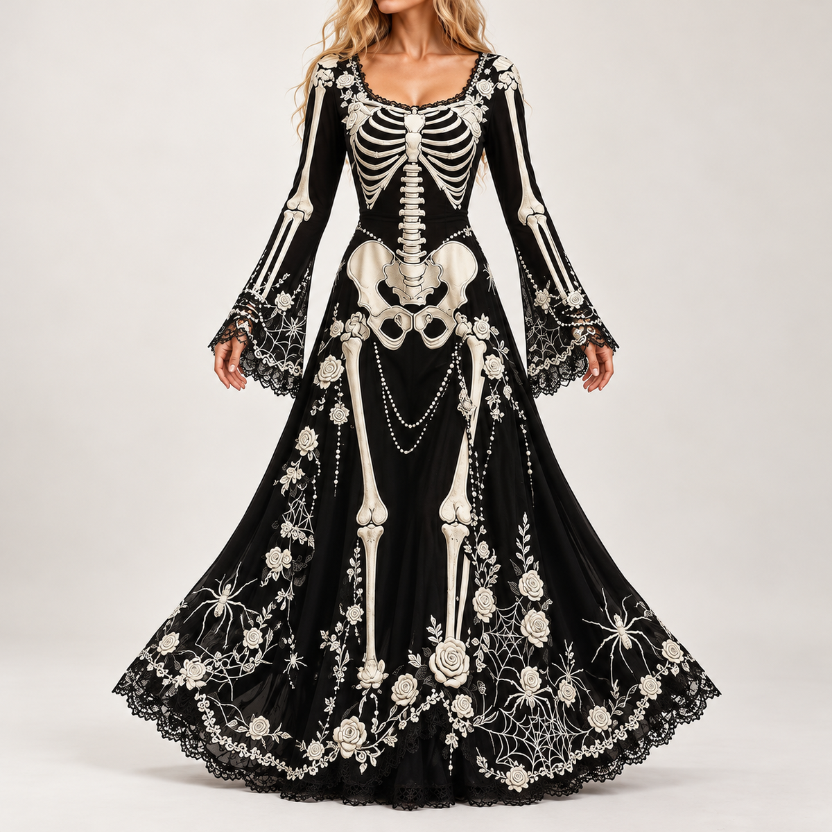 Skeleton & Rose Halloween Maxi Dress