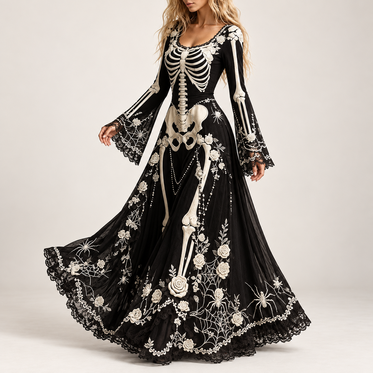 Skeleton & Rose Halloween Maxi Dress