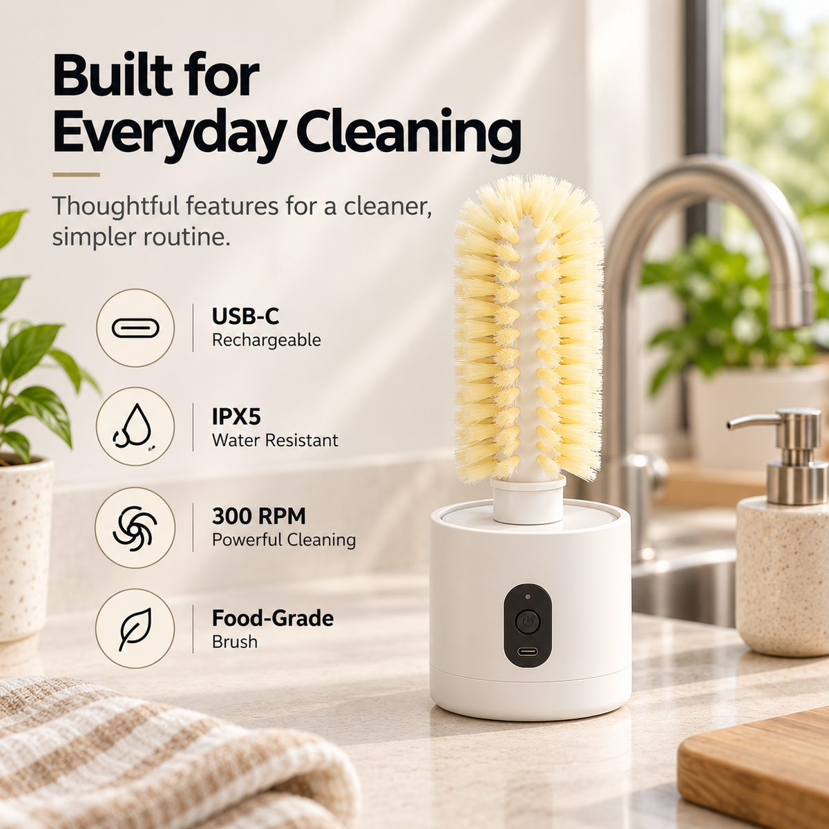 Electric Cup Brush USB-C Rechargeable Automatic Rotating Cleaning Brush for Water Bottle