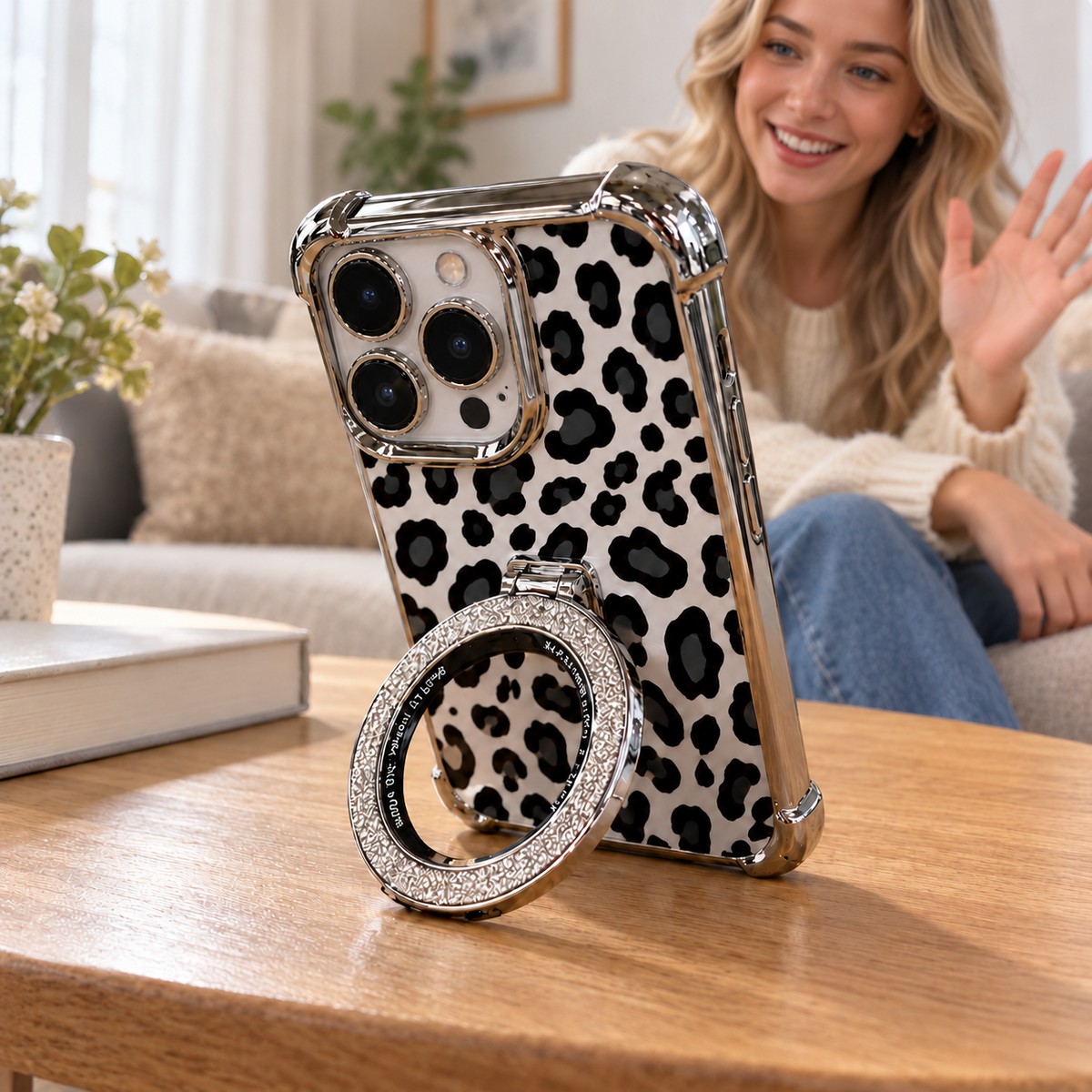 Silver leopard phone case standing upright on its open ring stand during a video call at home