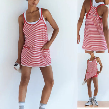 Women's Summer Sleeveles Striped Mini Dress with Built-in Shorts V Neck