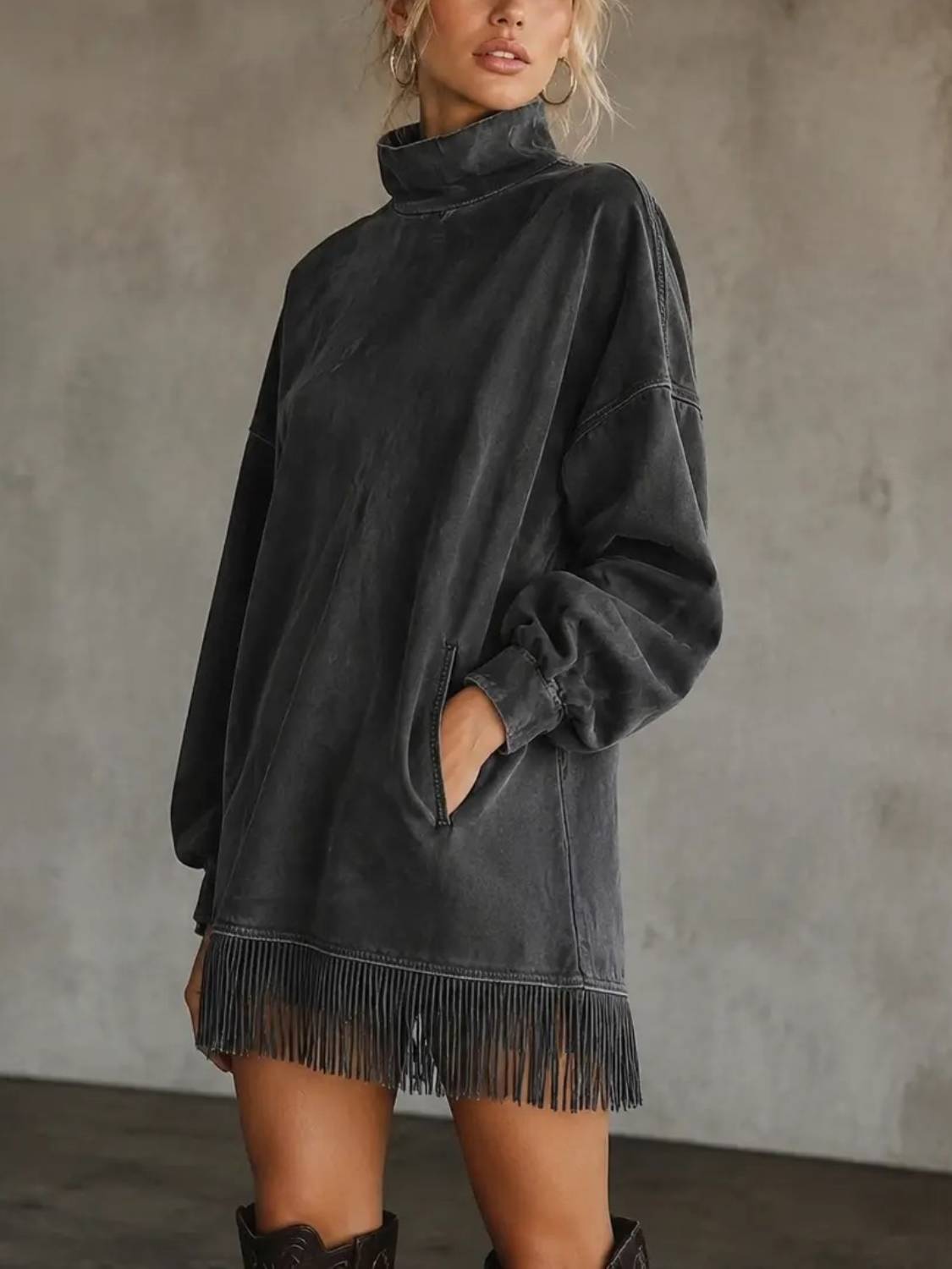 Limited time sale🔥Women's High Neck Oversized Fringe Sweatshirt Dress with Side Pockets