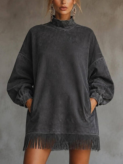 Limited time sale🔥Women's High Neck Oversized Fringe Sweatshirt Dress with Side Pockets