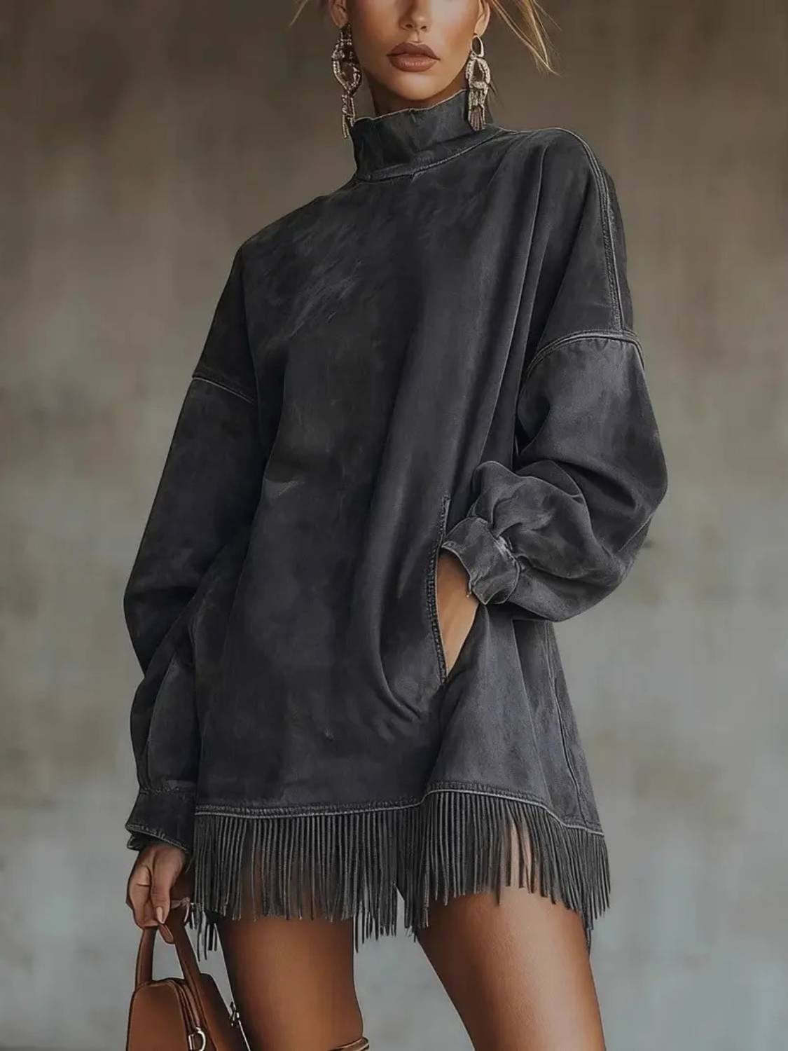 Limited time sale🔥Women's High Neck Oversized Fringe Sweatshirt Dress with Side Pockets