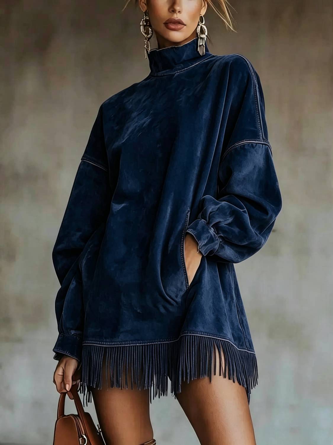 Limited time sale🔥Women's High Neck Oversized Fringe Sweatshirt Dress with Side Pockets