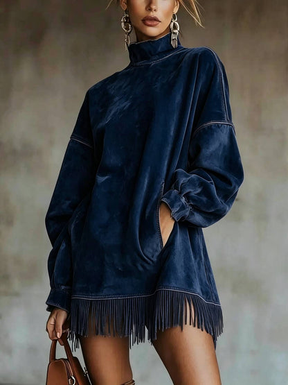 Limited time sale🔥Women's High Neck Oversized Fringe Sweatshirt Dress with Side Pockets