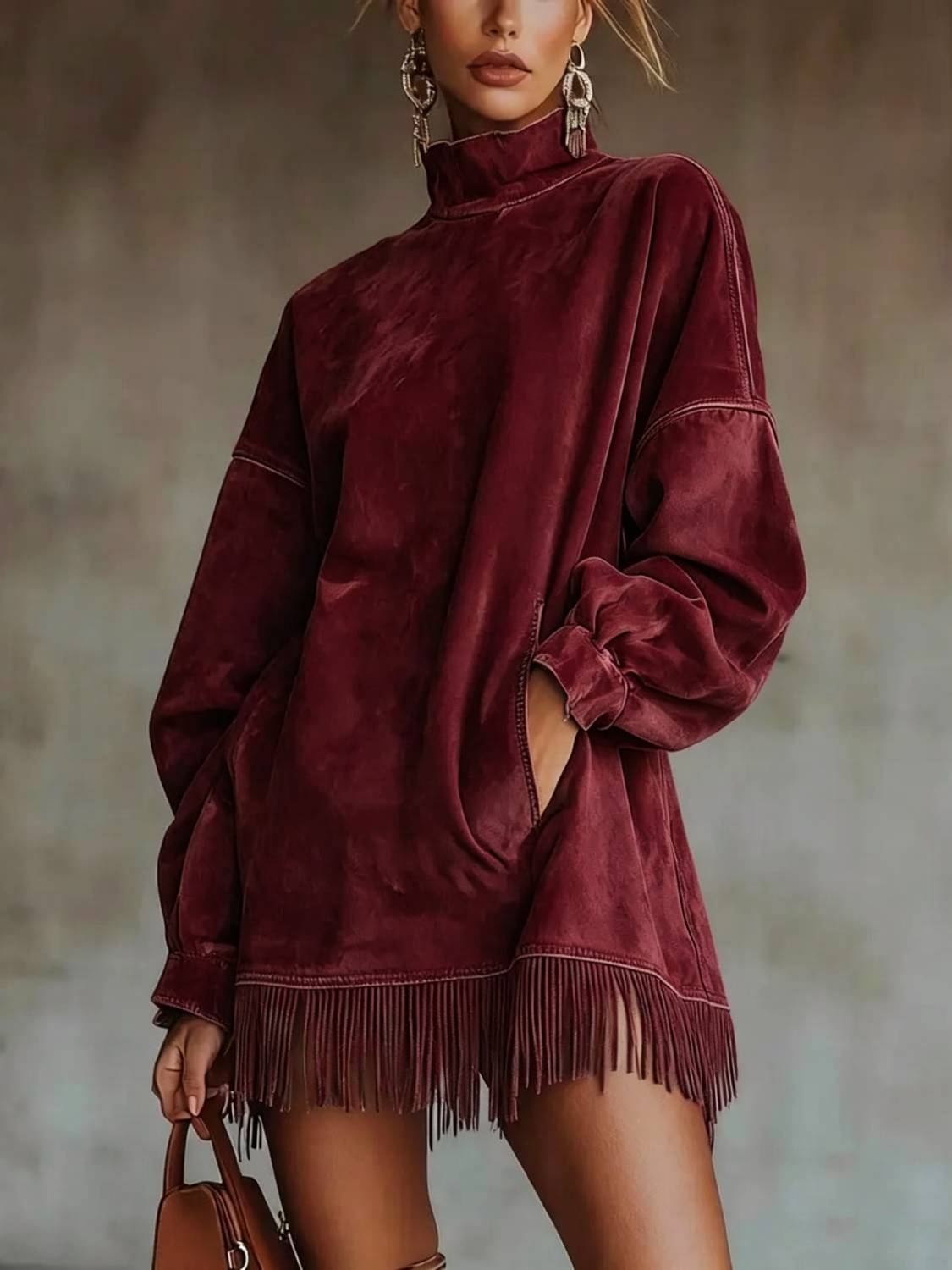 Limited time sale🔥Women's High Neck Oversized Fringe Sweatshirt Dress with Side Pockets