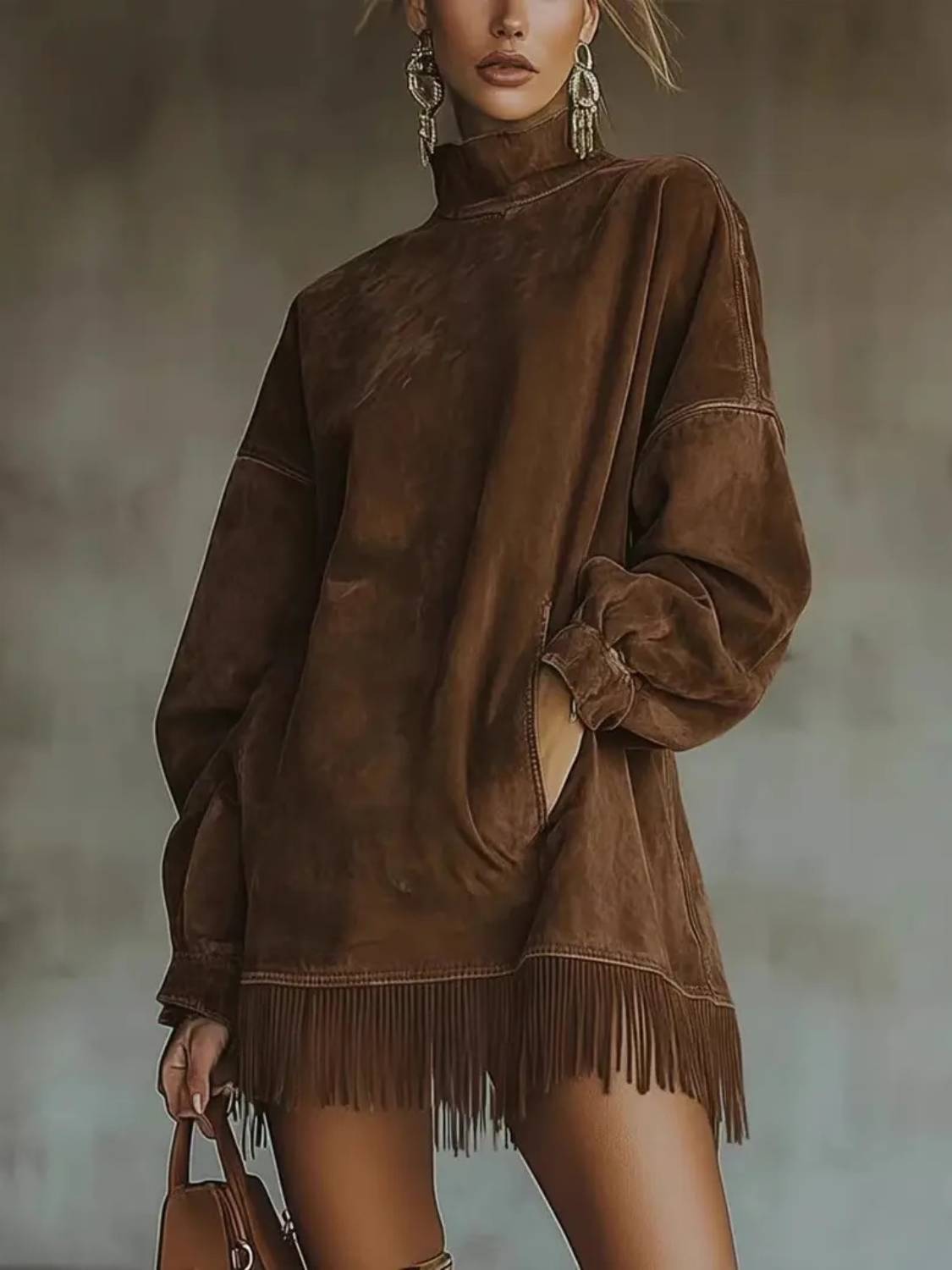 Limited time sale🔥Women's High Neck Oversized Fringe Sweatshirt Dress with Side Pockets