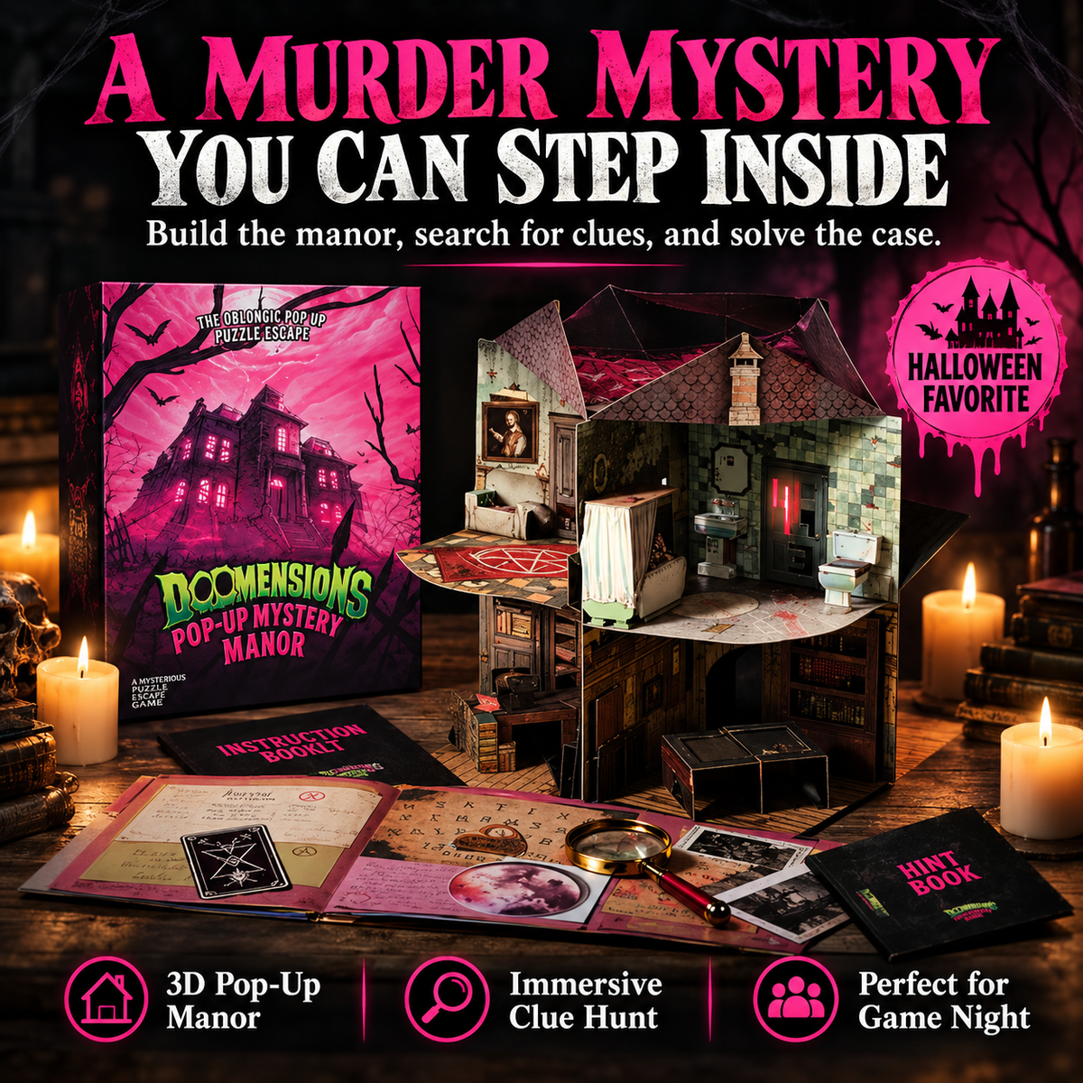 Pop-up mystery manor with illustrated case materials