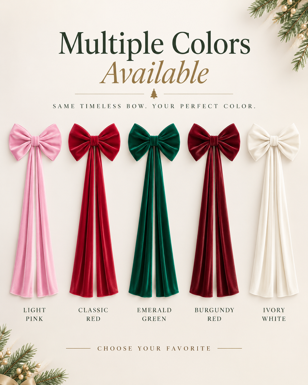 Comparison of five velvet bow colors: light pink, red, green, burgundy red and white
