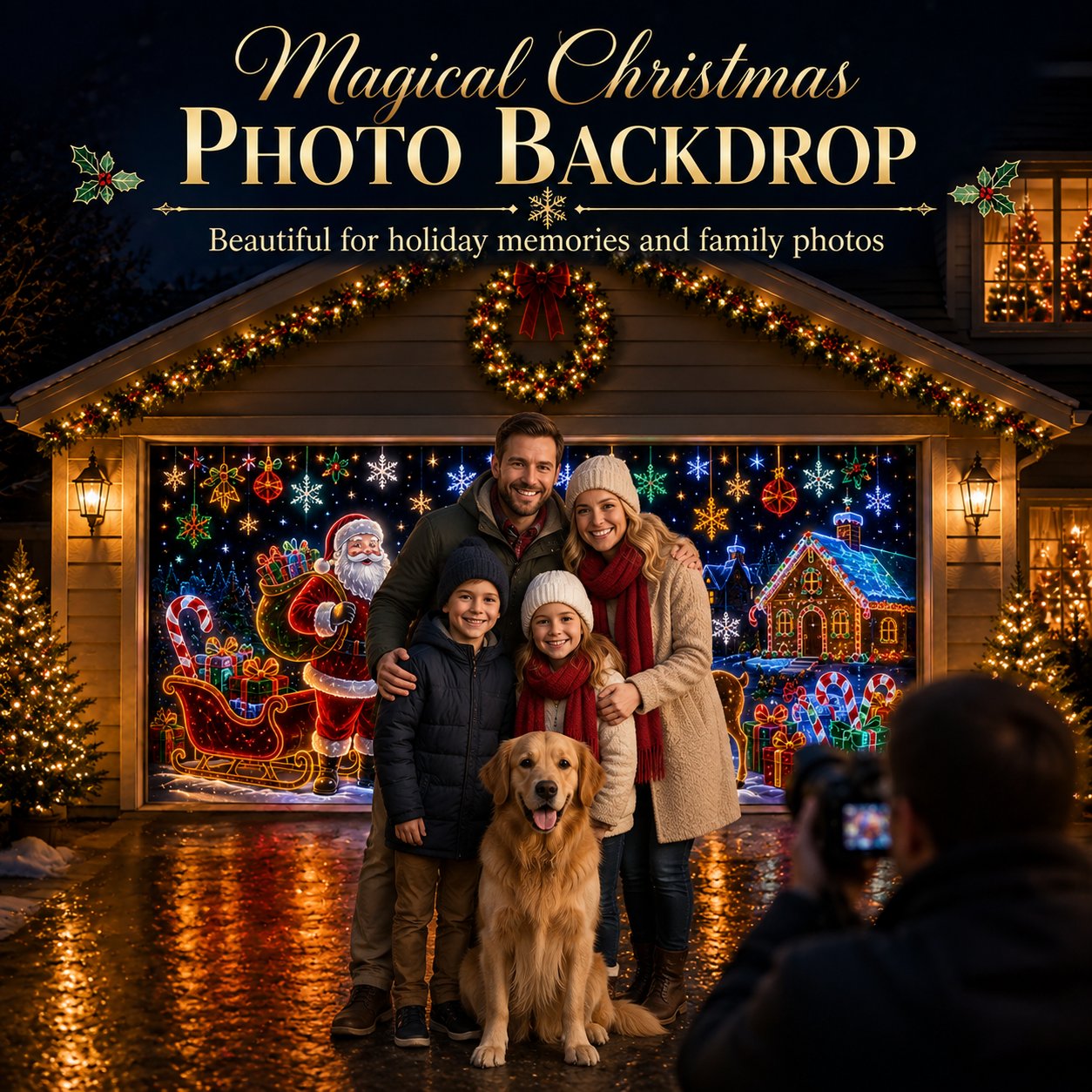 ⏳ Last Day 49% OFF – 🎄Oversized Christmas Wonderland Garage Door Cover | Neon-Inspired Santa Village Artwork with Snowman, Reindeer, Tree & Gingerbread House Details ✨
