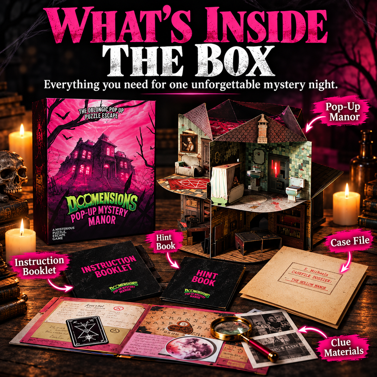 Product overview showing the manor, instructions, hint book and case materials