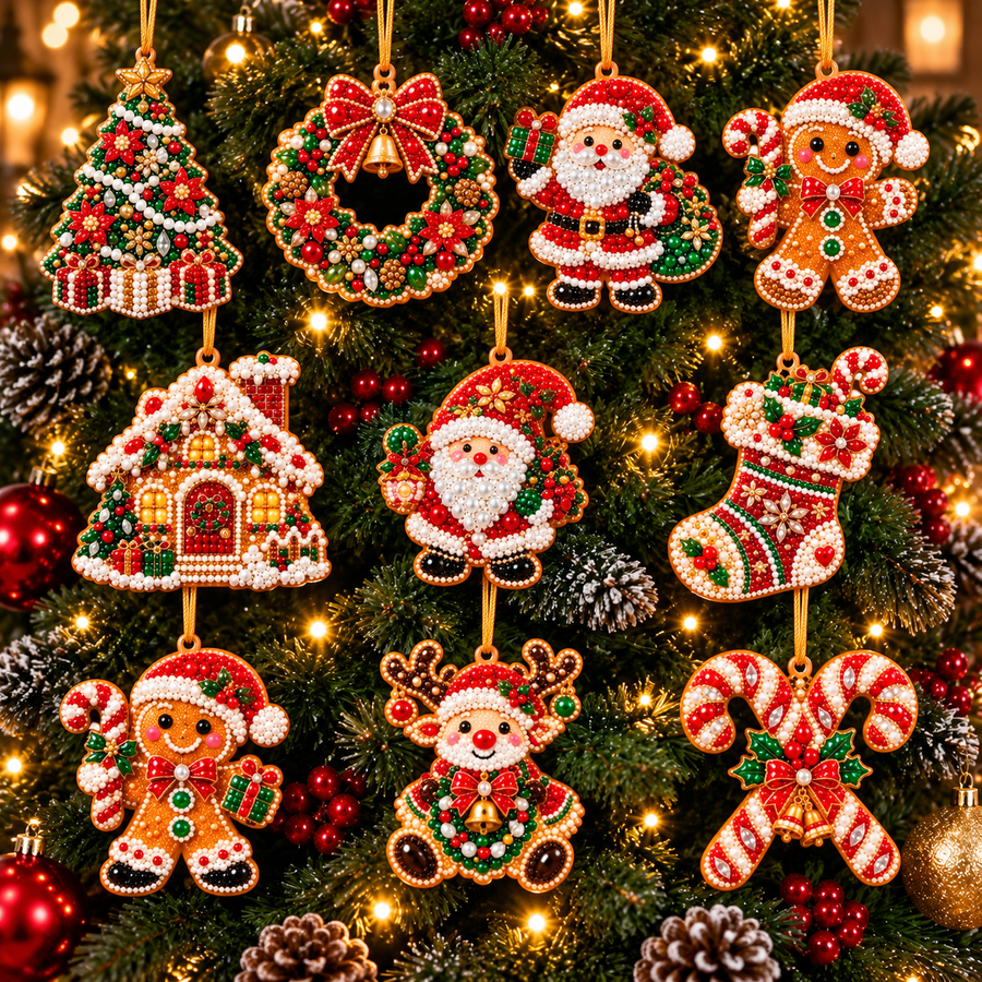 Finished Christmas ornament designs arranged against a festive evergreen tree