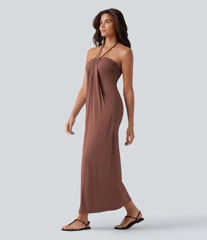 Trovehand Hourglass Bodycon Halter Tie Maxi Dress with Pockets