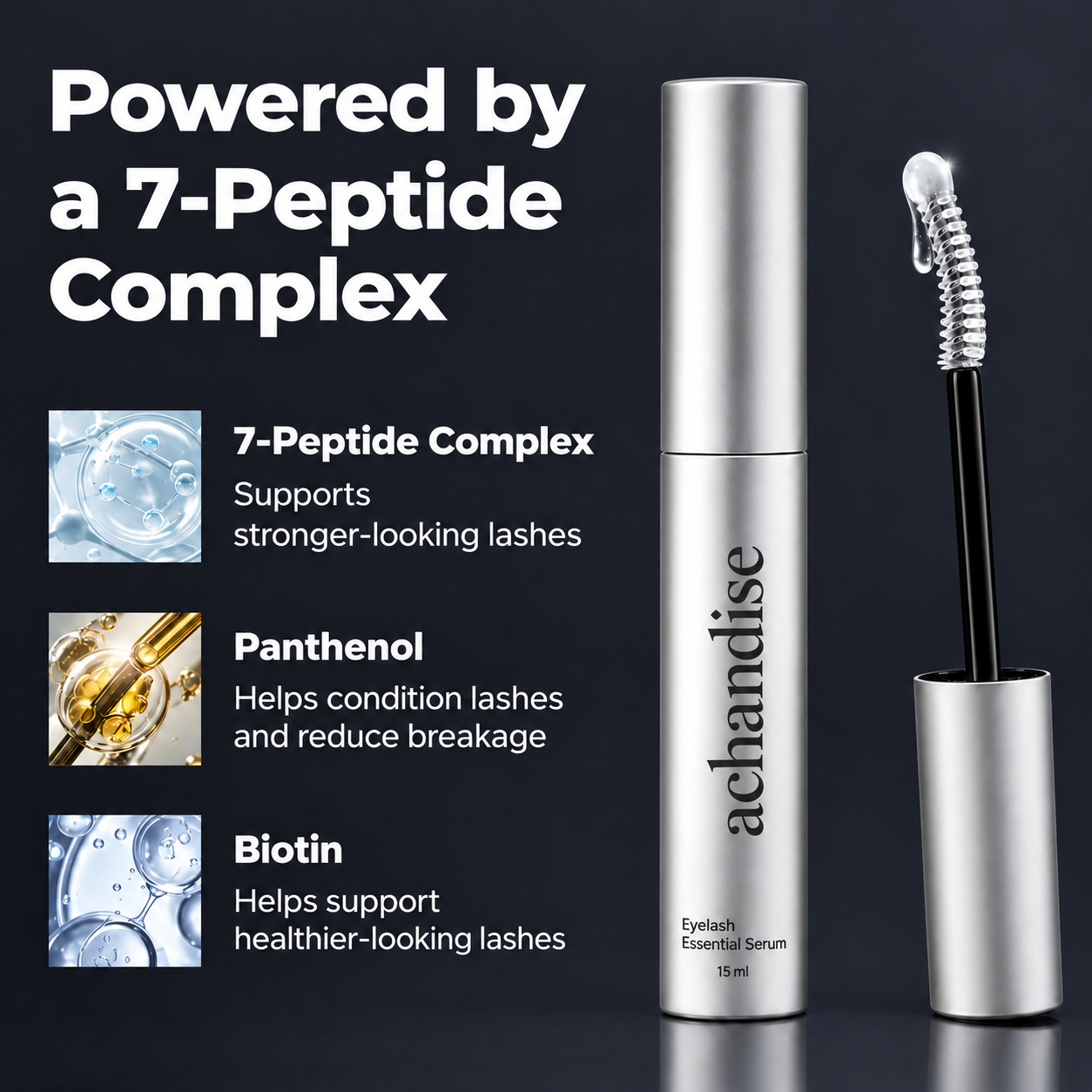 Seven-peptide complex, panthenol and biotin ingredient highlights