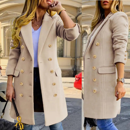 Women's Fitted Slim-Fit Long-Sleeve Double-Breasted Wool-Blend Midi Peacoat for Fall Winter💗