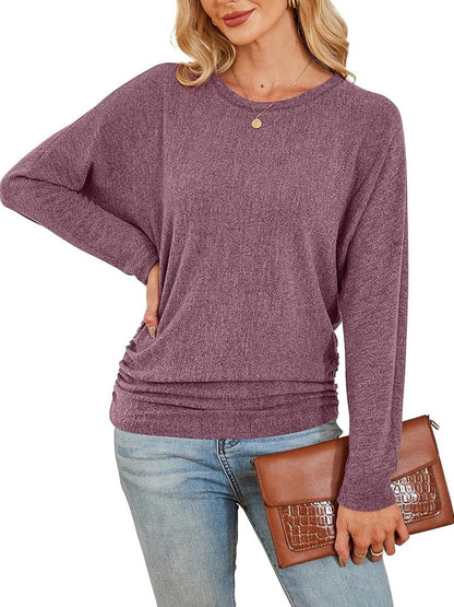 Womens Long Sleeve Shirts Ruched Hem Fall Tops Lightweight Sweaters
