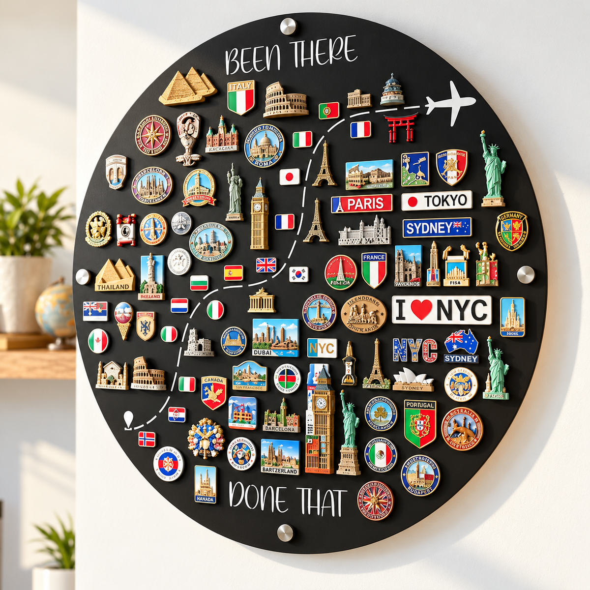 Travel souvenir magnet collection display