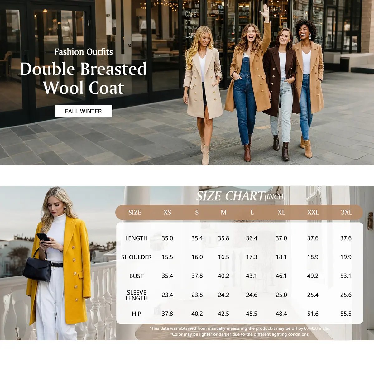 Women's Fitted Slim-Fit Long-Sleeve Double-Breasted Wool-Blend Midi Peacoat for Fall Winter💗